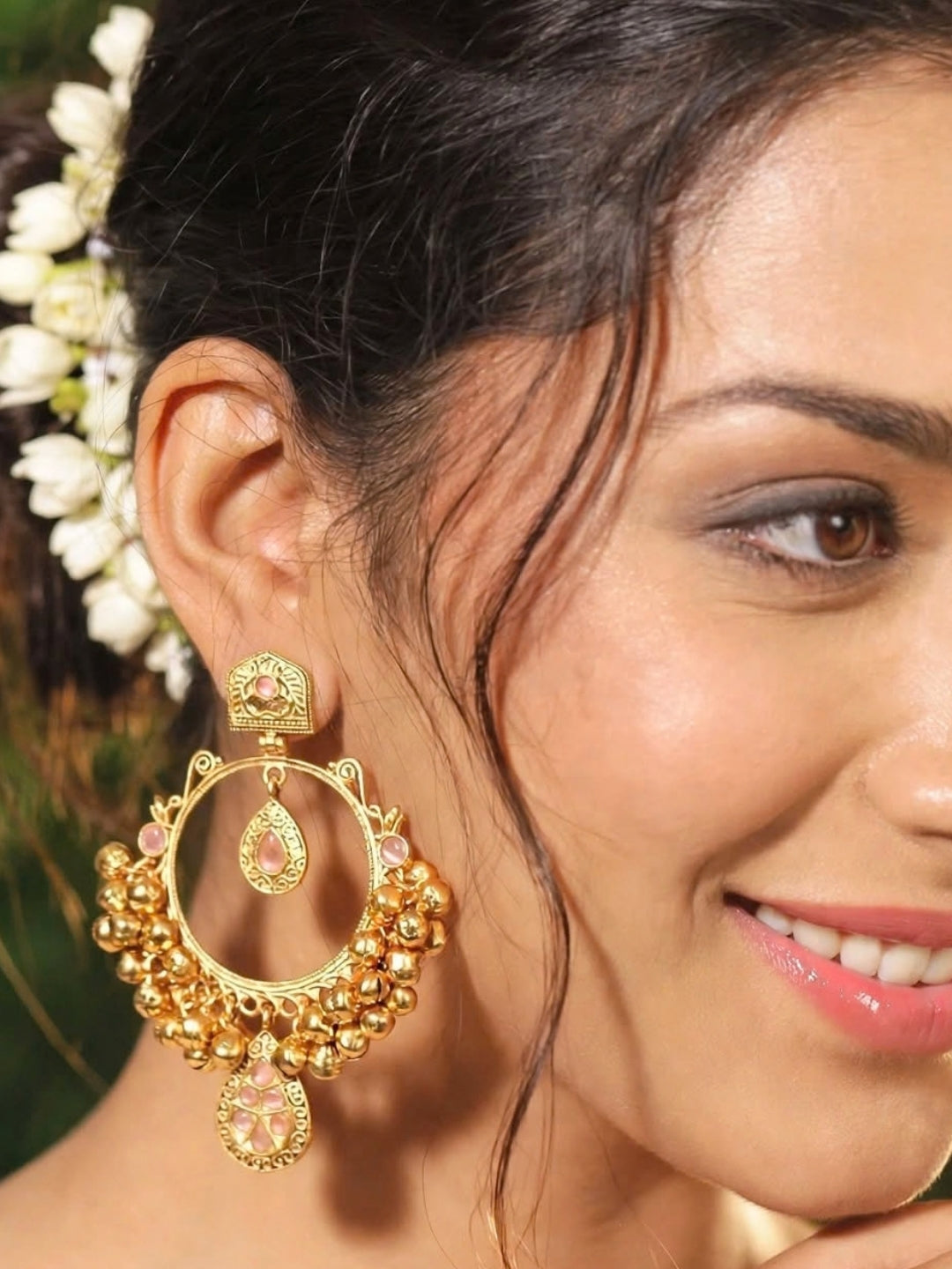 Gold-Plated Pink Kundan Ghungroo Statement Earrings