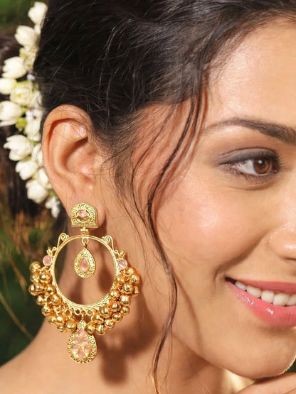 Gold-Plated Pink Kundan Ghungroo Statement Earrings