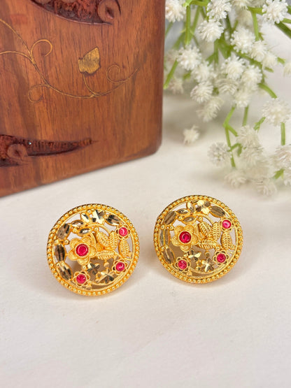 Gold-Plated Floral Pink Stone Embellished Round Stud Earrings