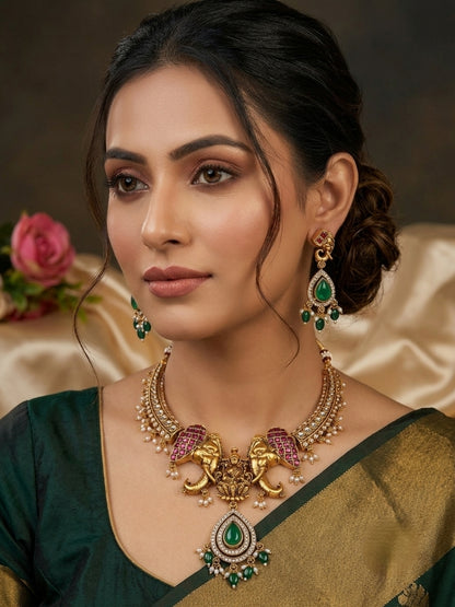 Gold-Plated Green Stone-Studded Temple Hasli Necklace Jewellery Set