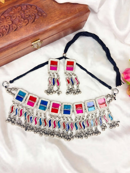Silver-Plated Oxidised Meenakari Statement Necklace Set