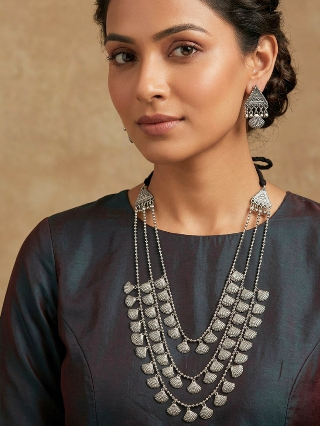 Oxidised Silver-Plated Layered Shell Charm Long Necklace Jewellery Set