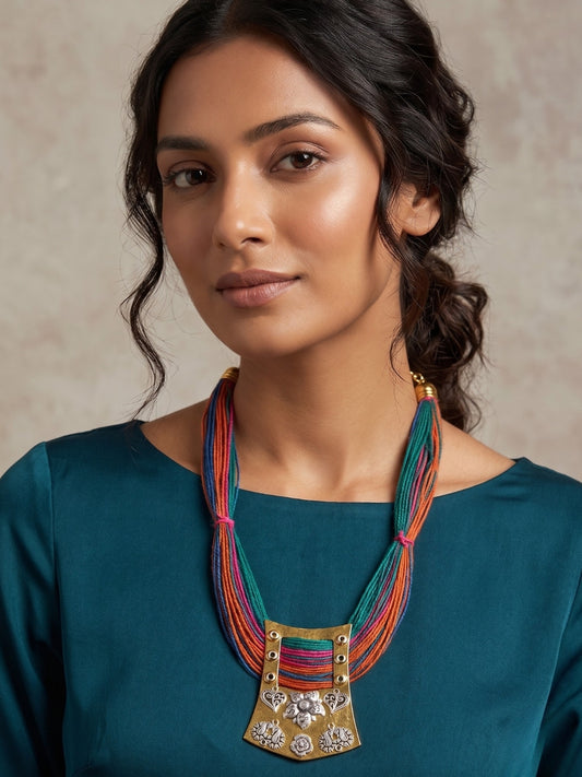 Gold-Plated Oxidised Statement Multi Thread Jute Necklace