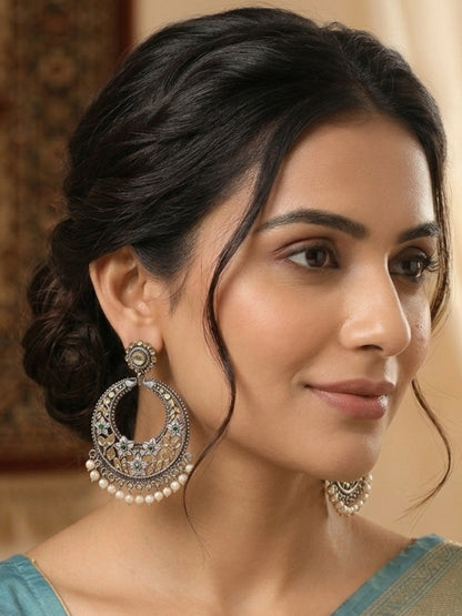 Oxidised Silver-Plated Floral Green Stone & Pearl Embellished Statement Chandbali Earrings