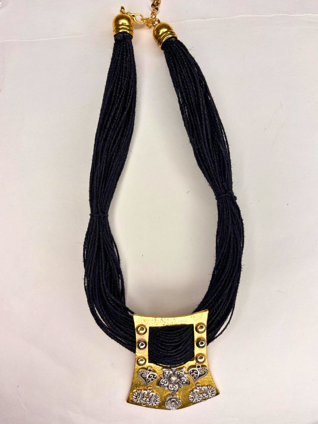Gold-Plated Oxidised Statement Black Thread Jute Necklace