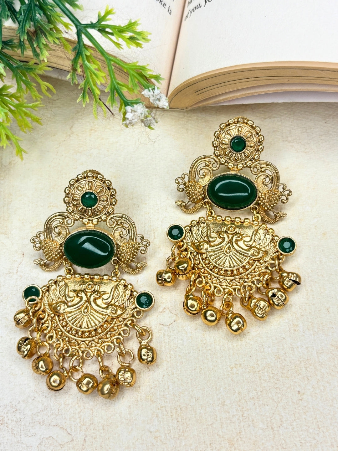 Gold-Plated Green Stone-Studded Peacock Motif Dangler Earrings