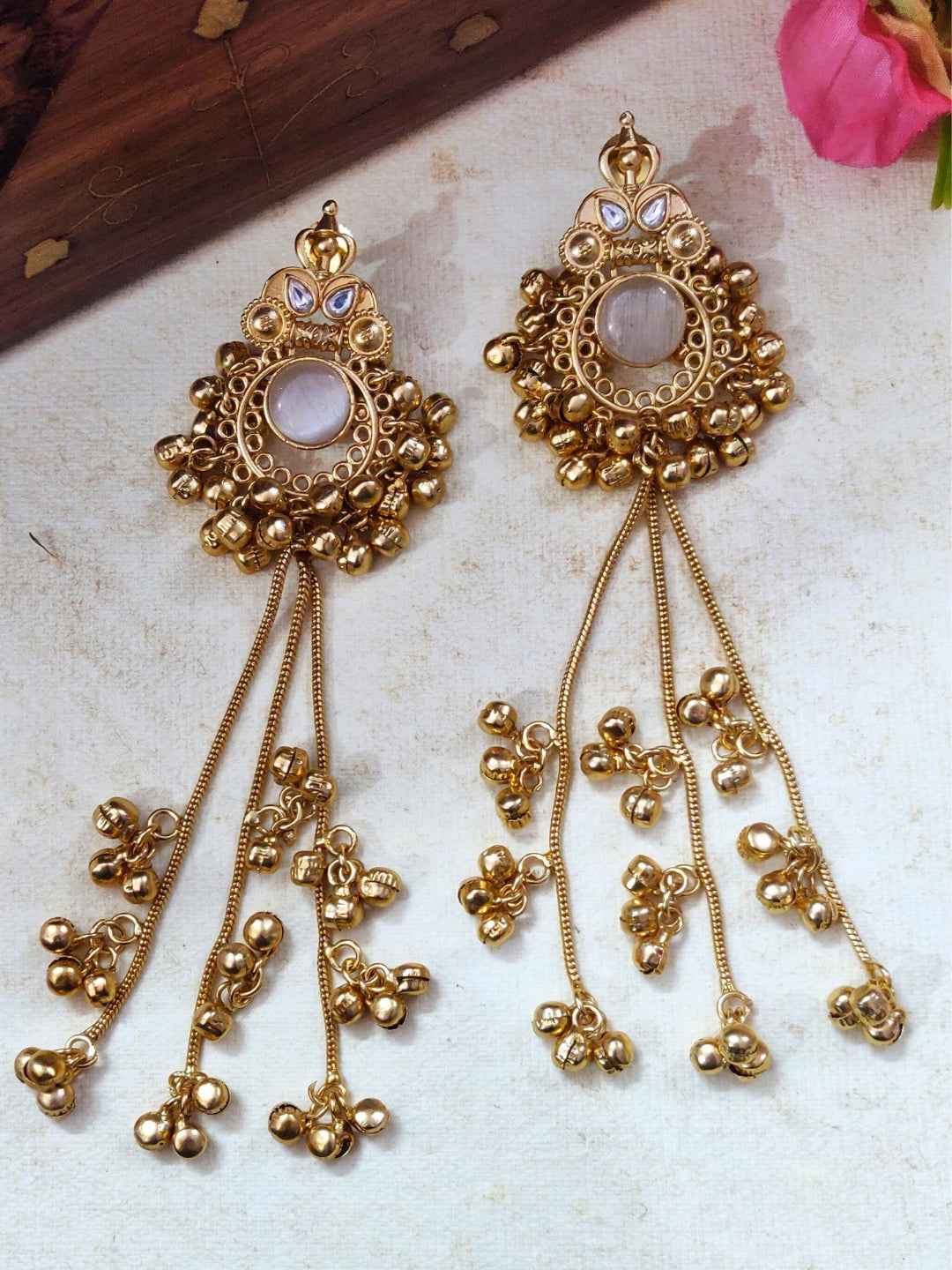 Gold-Plated Kundan & Ghungaroo Beaded Kashmiri Drop Earrings