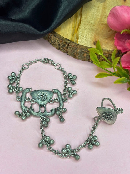 Oxidised Silver-Plated Antique Haath Phool Hand Harness Bracelet