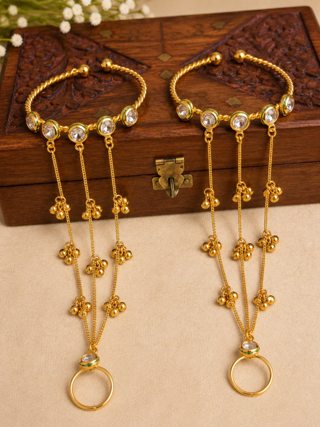 Gold-Plated Kundan Studded Ghungaroo Hath Phool  Kashmiri Ring Bracelet set