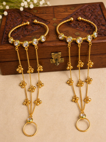 Gold-Plated Kundan Studded Ghungaroo Hath Phool  Kashmiri Ring Bracelet set