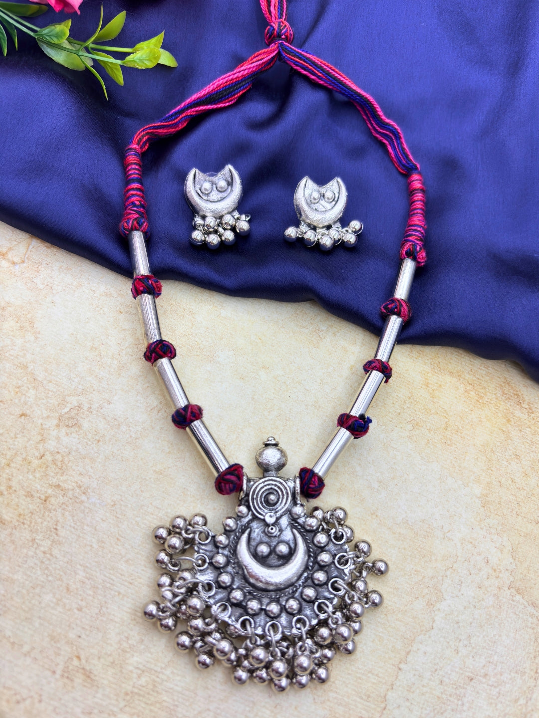 Women Oxidised Silver-Plated & Gold-Toned Stone Studded Long Pendant Necklace Jewellery Set