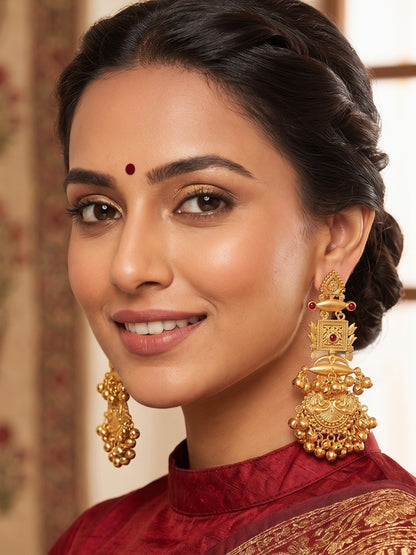 Gold-Plated Pink Stone Kundan Ghungroo Statement Drop Earrings