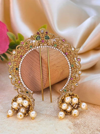 Gold-Plated Kundan and AD Pearl Embellished Traditional Hair Juda Pin