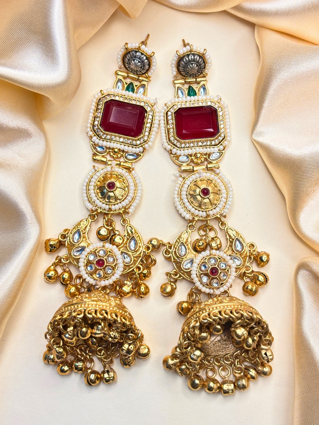 Gold-Toned Kundan & Pink Stone Embellished Pearl Jhumka Drop Earrings