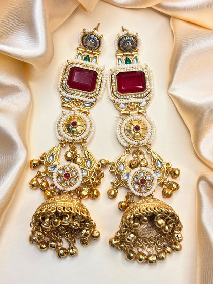 Gold-Toned Kundan & Pink Stone Embellished Pearl Jhumka Drop Earrings