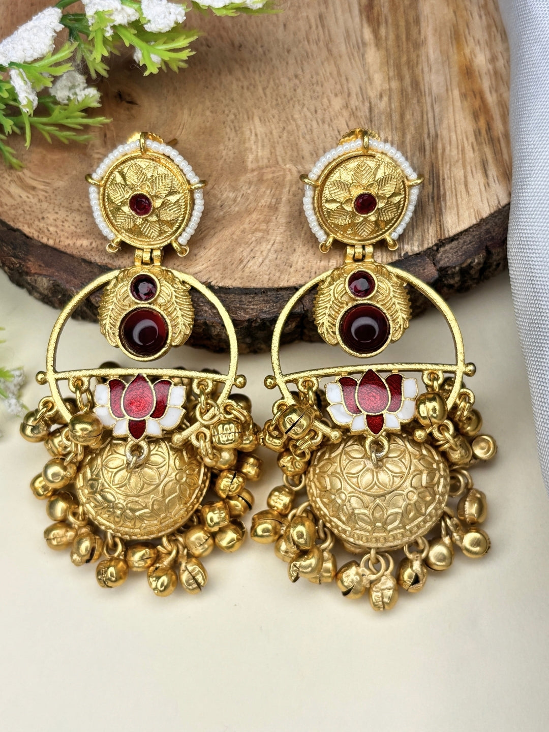 Gold-Plated Artificial red Stones Studded And Beaded Dome Shaped Jhumkas