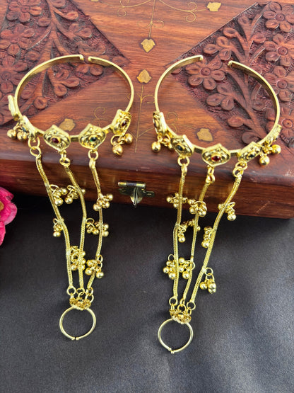 VIVAZS Gold-Plated Kundan Ring Bracelet With Hathphool