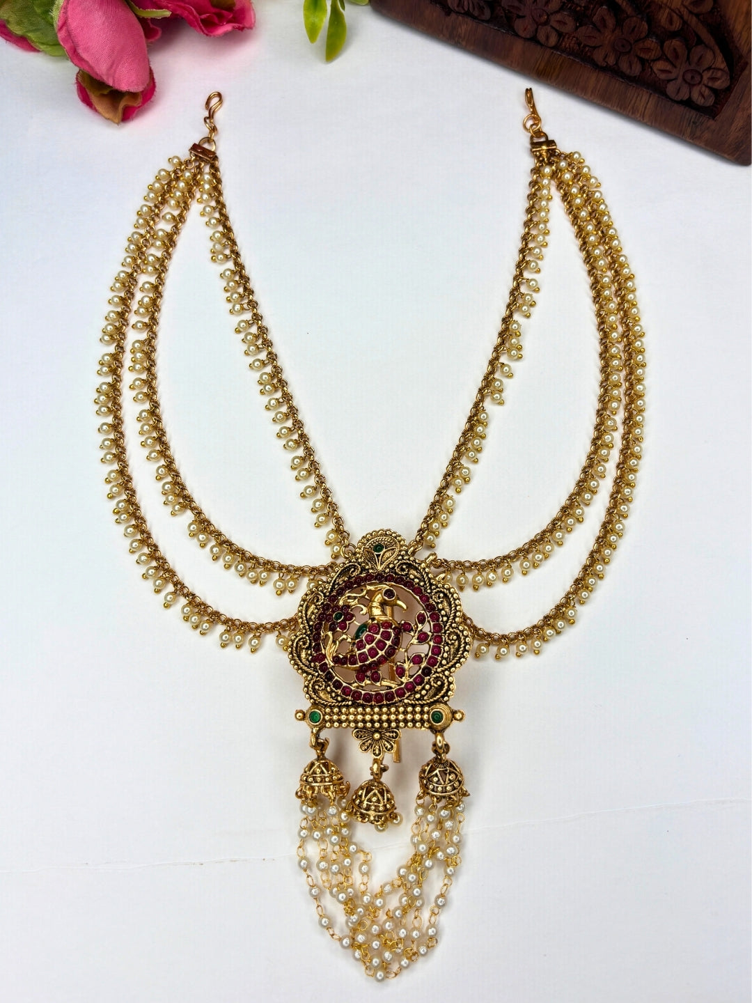 Gold Plated Pearl Kundan Traditional Temple Bridal Hair Accessory