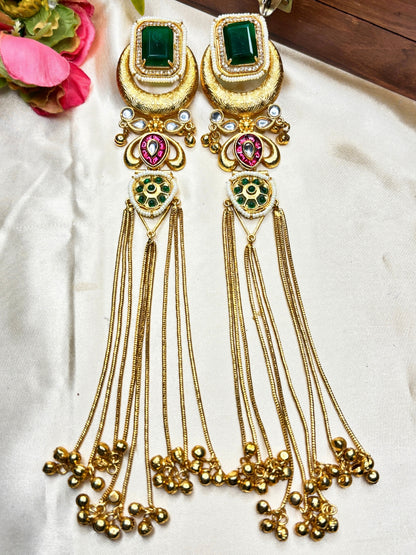 Gold-Toned Green Stone Embellished Kundan Tassel Drop Earrings