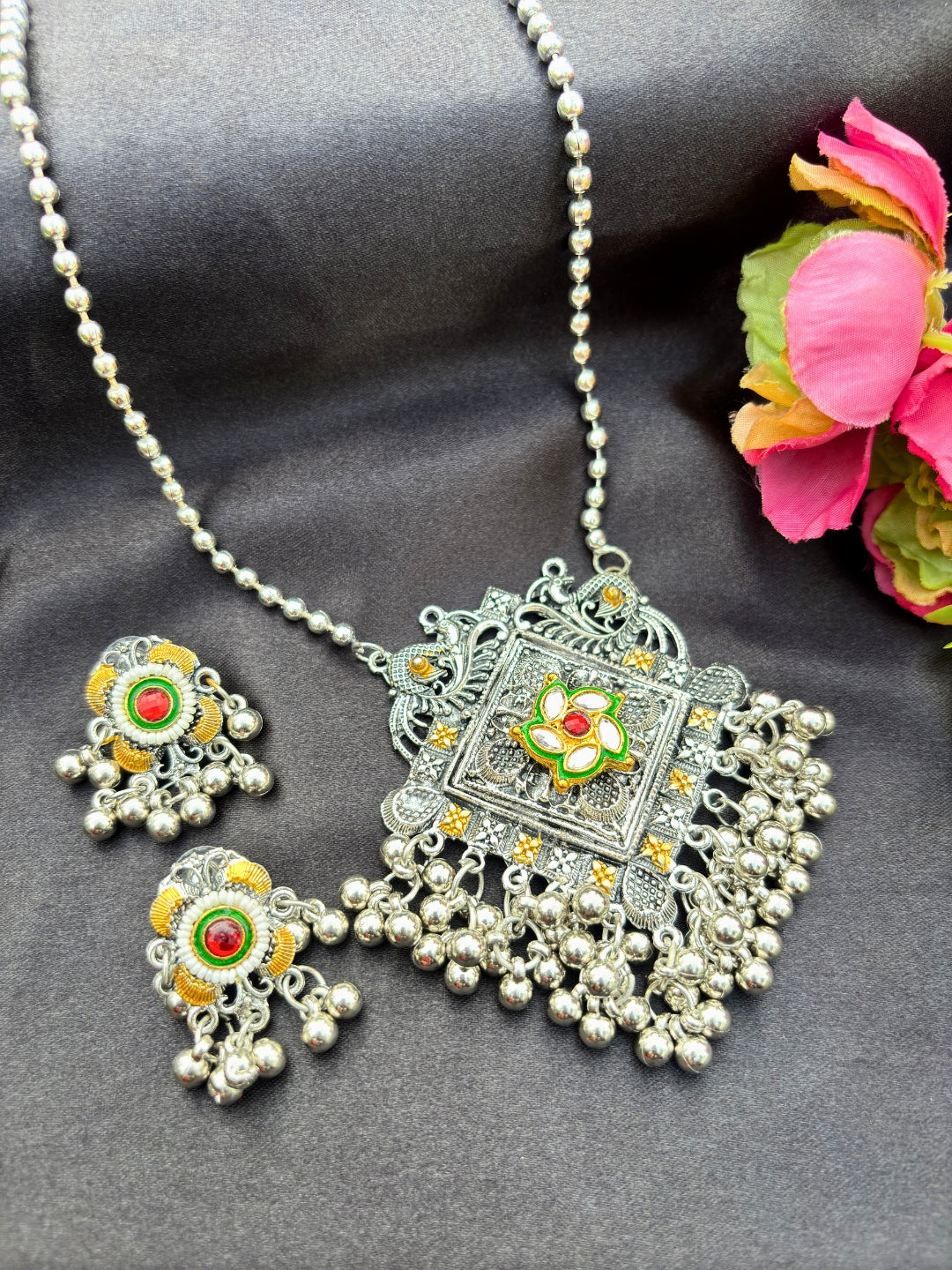 Women Oxidised Silver-Plated Square Pendant Necklace set