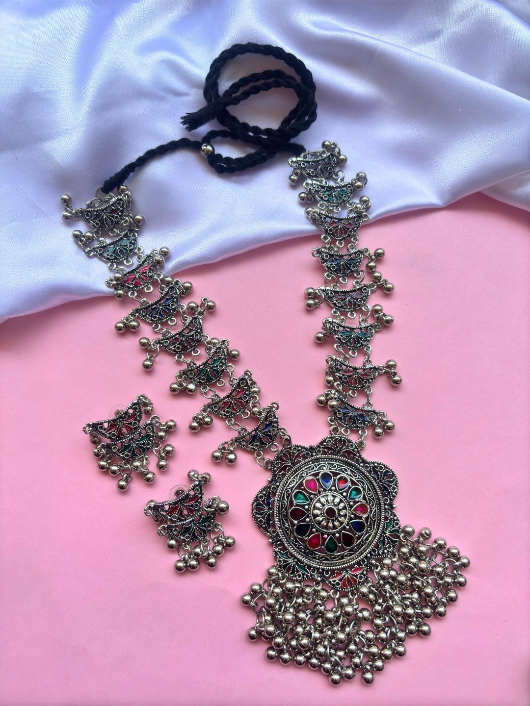 Silver-Plated Oxidized Meenakari Floral Long Necklace Set