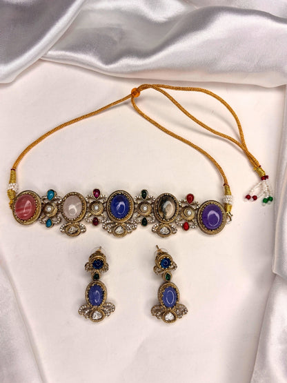 Gold-Plated Multicolour Stone Studded Traditional Choker Necklace Jewellery Set