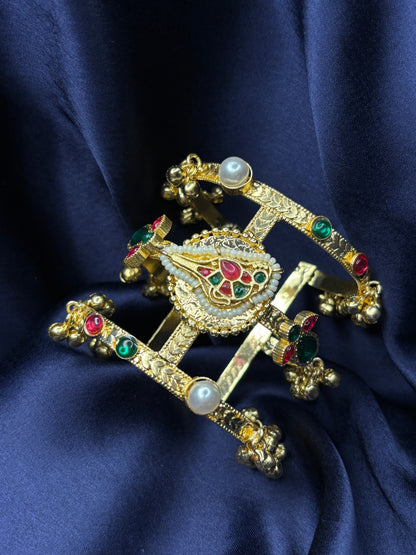 Women Gold-Plated Kundan & Pearl Embellished Adjustable Bangle Bracelet