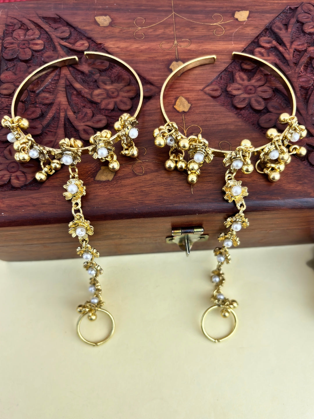 VIVAZS Gold-Plated Pearl Ring Bracelet With Hathphool