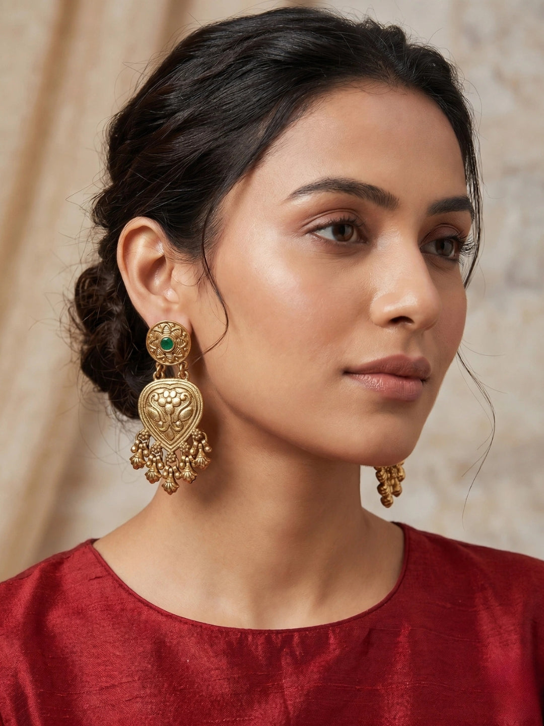 Gold-Plated Green Kundan Stone Floral Drop Statement Earrings