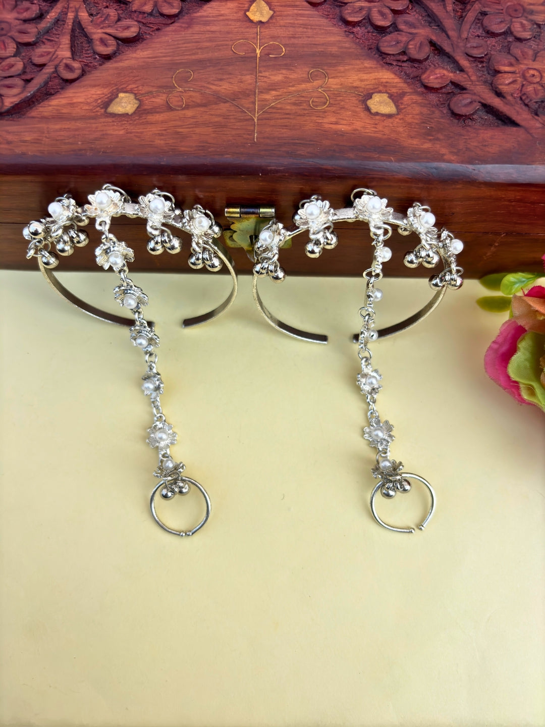 VIVAZS Silver-Plated Pearl Ring Bracelet With Hathphool