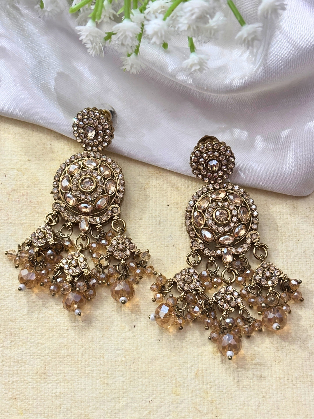 Gold-Plated Embellished Kundan Crystal Long Chandbali Jhumka Earrings