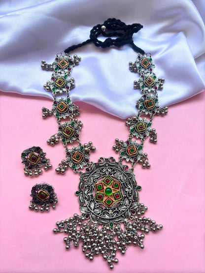Silver-Plated Oxidized Floral Textured Long Necklace Set