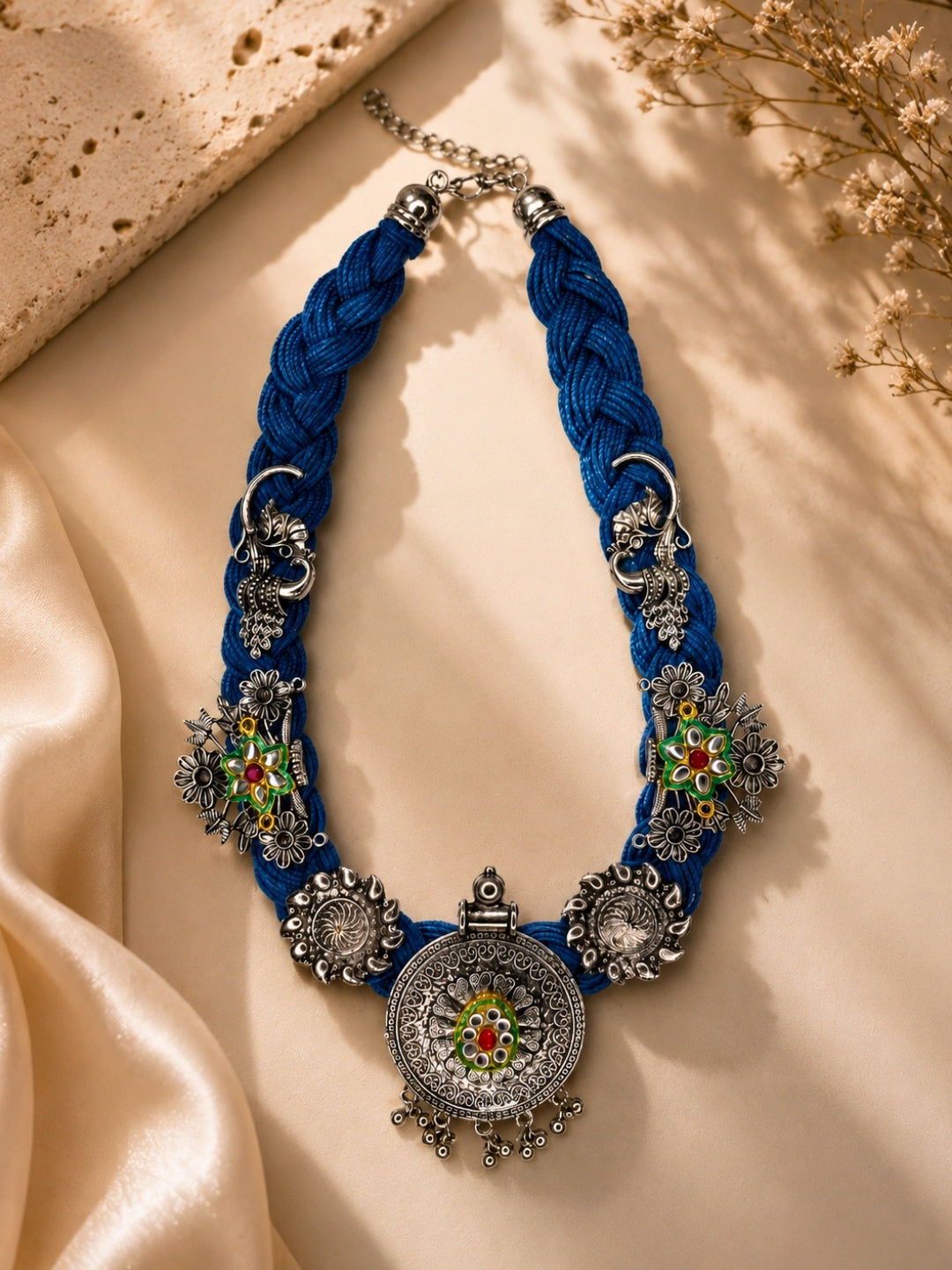 German Silver Floral Charm Statement Bohemian Meenakari Blue Jute Necklace