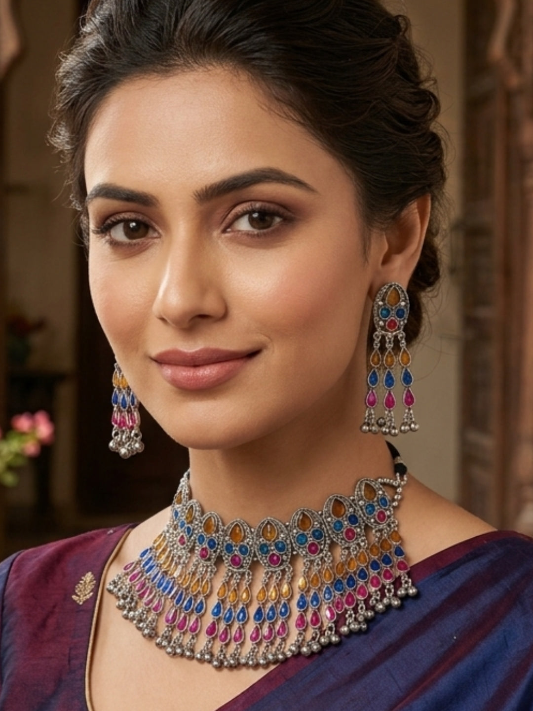 Silver-Plated Oxidised Stone-Studded Statement Necklace Set