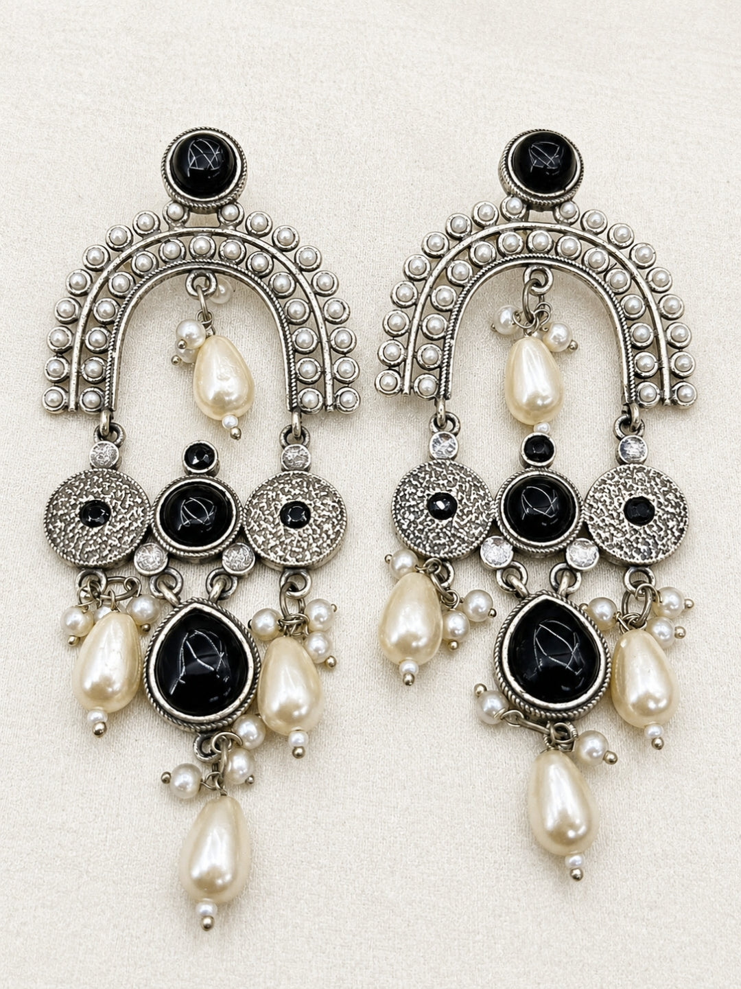 Black Stone & Pearl Embellished Oxidised Chandbali Statement Earrings