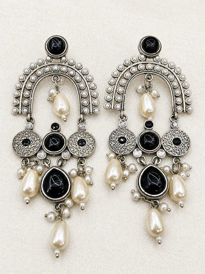 Black Stone & Pearl Embellished Oxidised Chandbali Statement Earrings