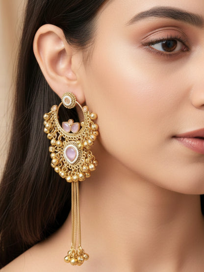Gold-Plated Kundan & Ghungaroo Beaded Kashmiri Drop Earrings