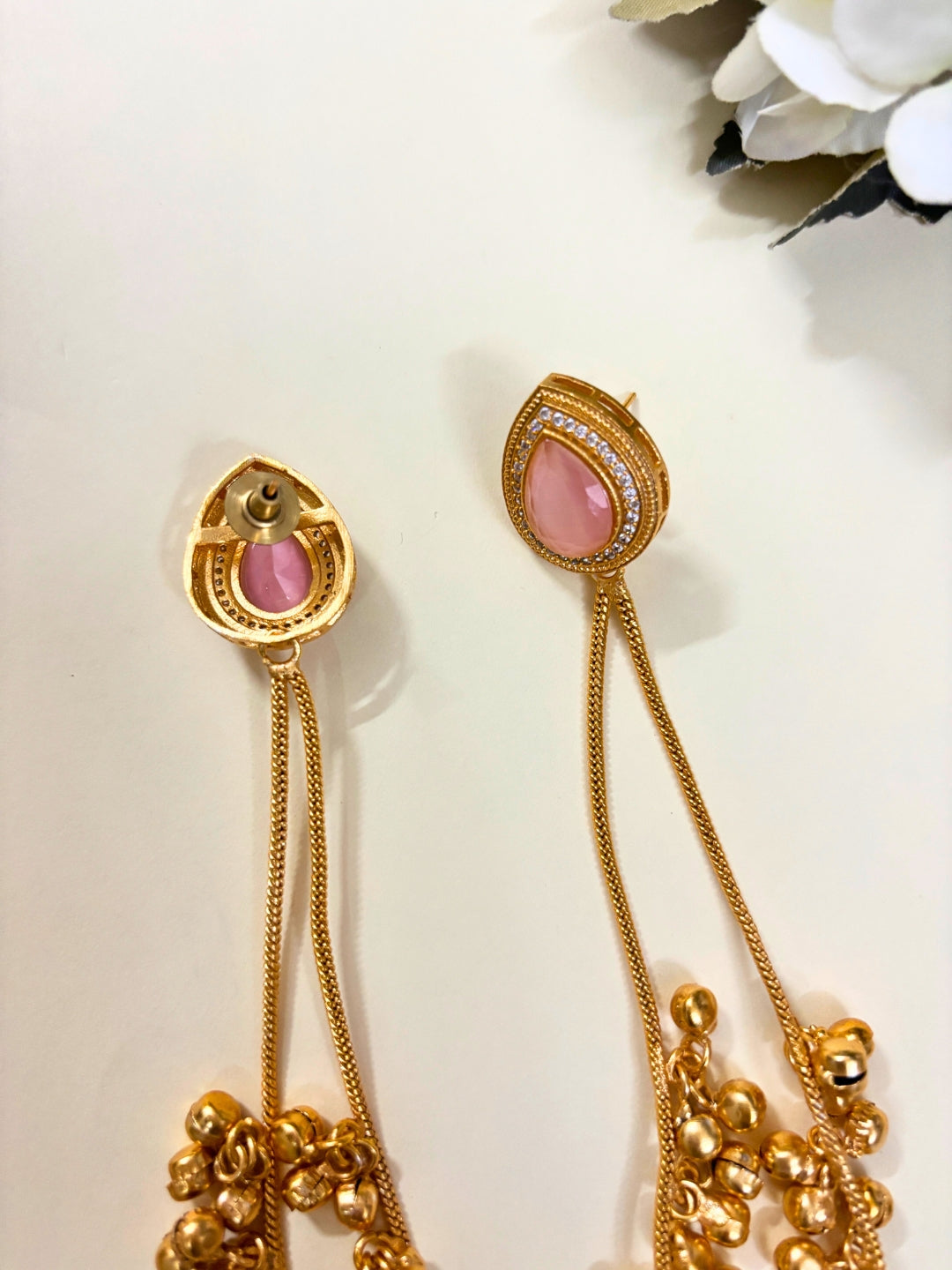 VIVAZS Kashmiri AD Long Drop Earrings (Pink)
