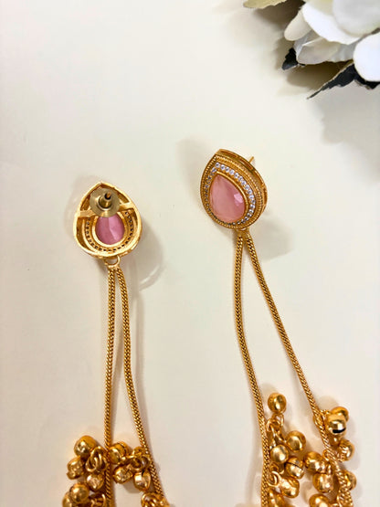 VIVAZS Kashmiri AD Long Drop Earrings (Pink)