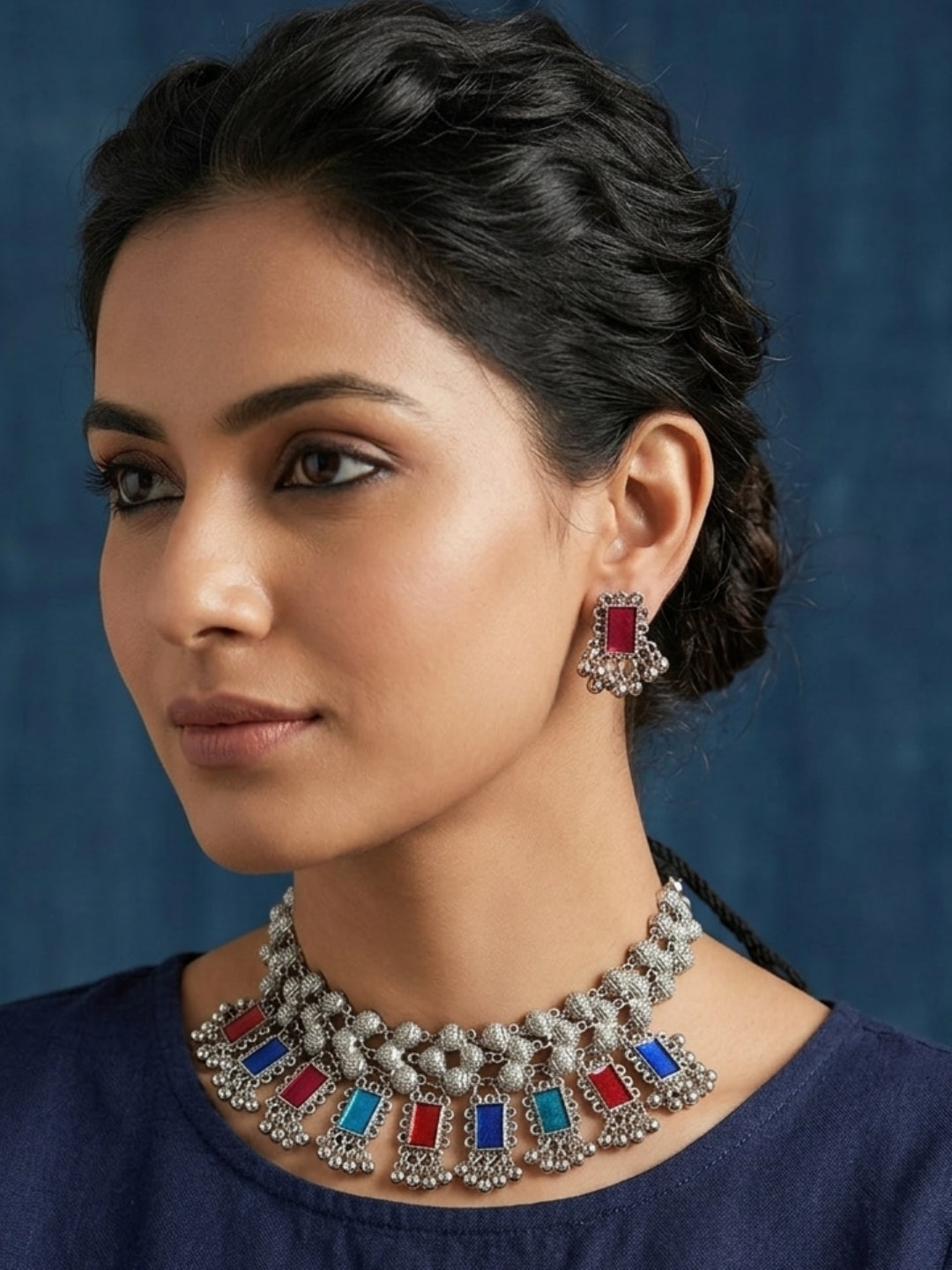 Oxidised Silver-Plated Multicolour Stone Embellished Statement Choker Necklace Jewellery Set
