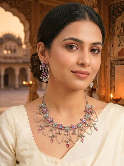 Women Oxidised Silver-Plated Red Floral Statement Necklace & Earrings Set