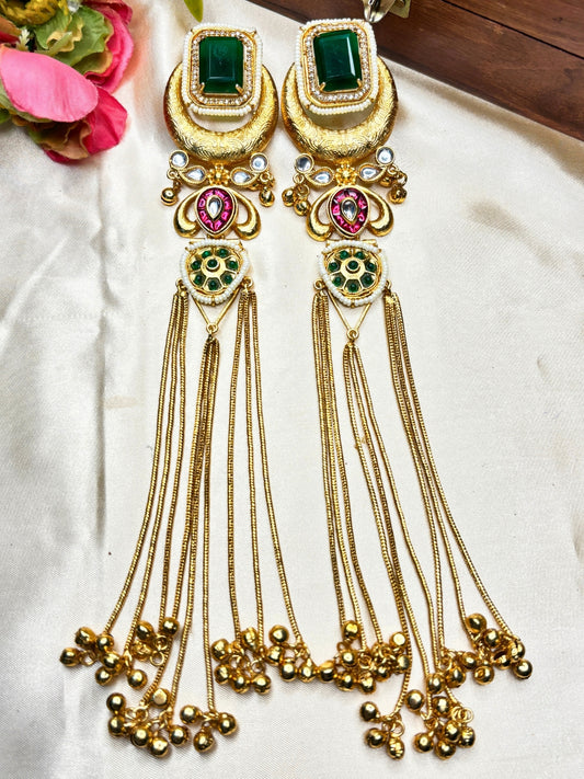 Gold-Toned Green Stone Embellished Kundan Tassel Drop Earrings