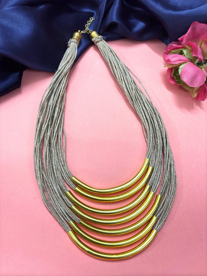 Brass and Jute Oxidised Gold Studded Crochet Necklace