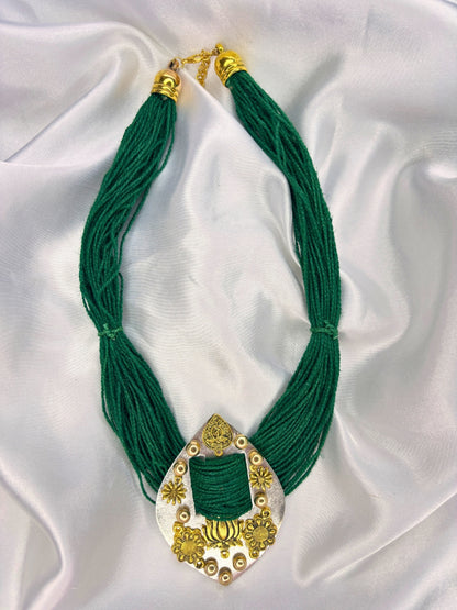 Gold-Plated Oxidised Statement Green Thread Jute Necklace