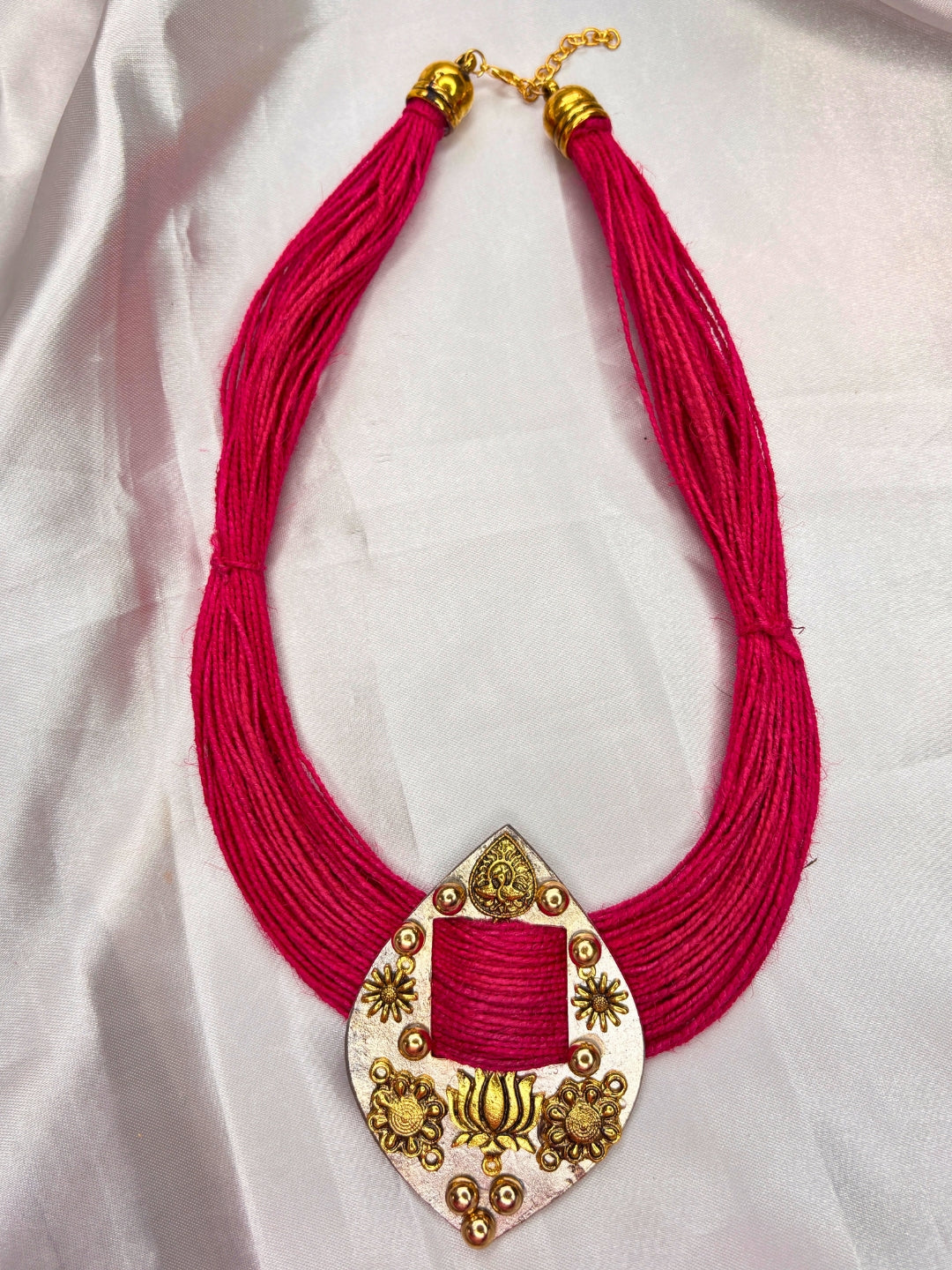 Gold-Plated Oxidised Statement pink Thread Jute Necklace
