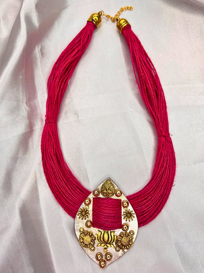 Gold-Plated Oxidised Statement pink Thread Jute Necklace