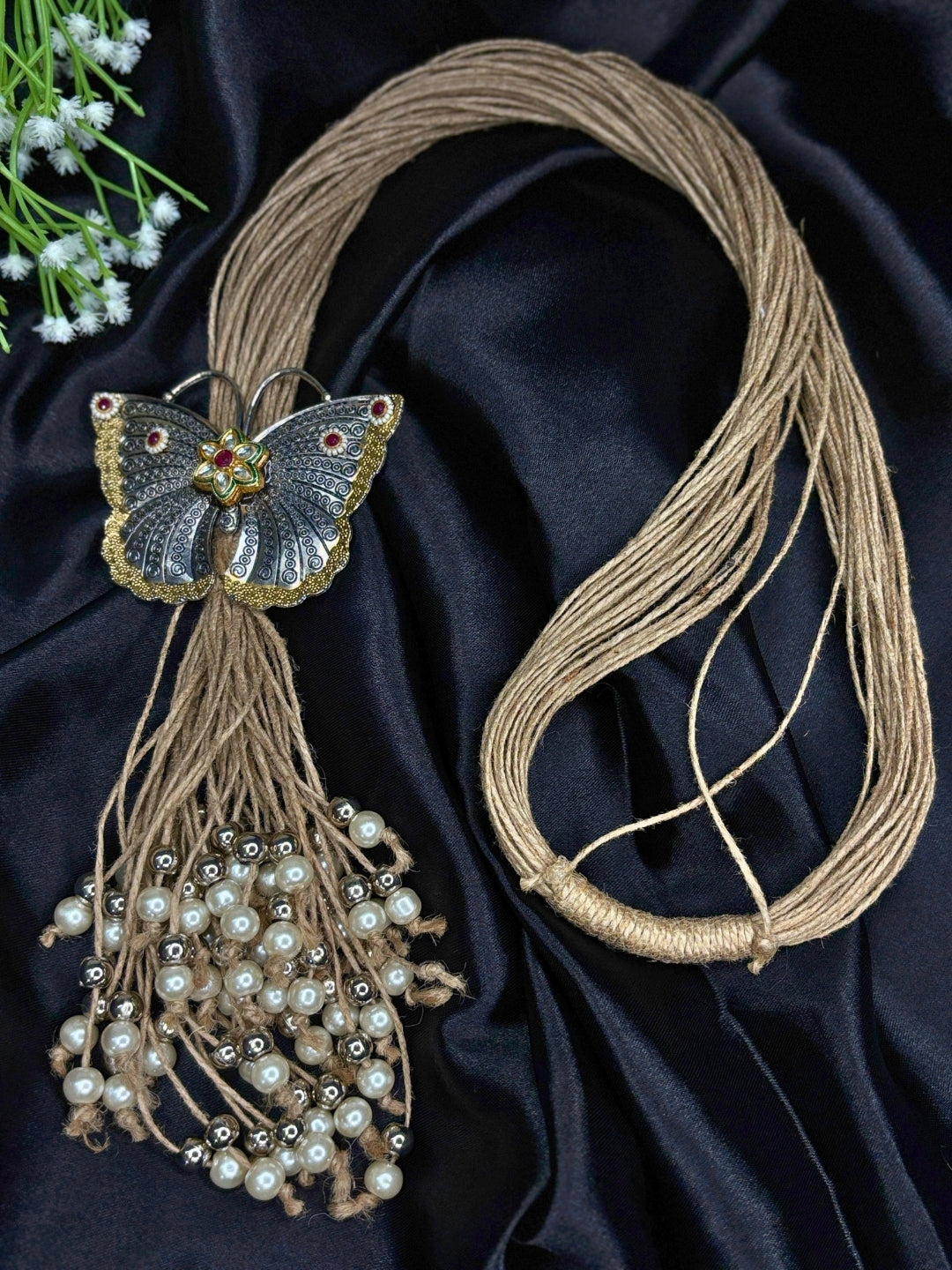 Silver Plated Butterfly Pendant Oxidised Statement Thread Necklace