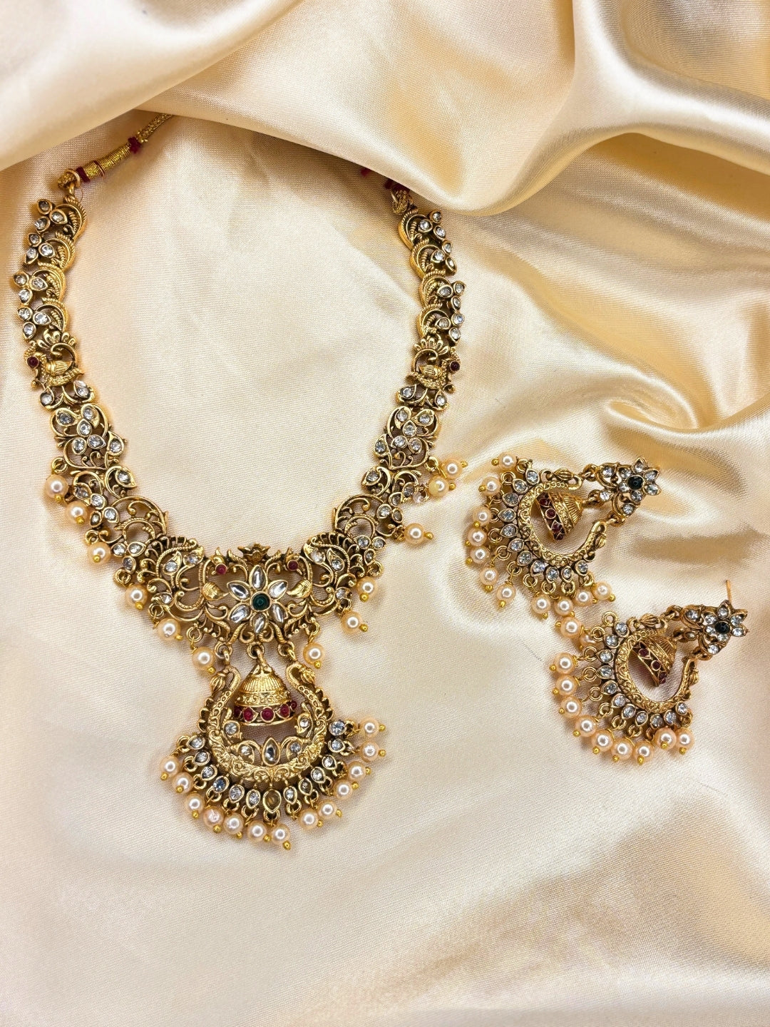 Gold-Plated Kundan Stone-Studded Peacock & Jhumka Pendant Necklace Jewellery Set