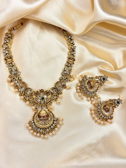Gold-Plated Kundan Stone-Studded Peacock & Jhumka Pendant Necklace Jewellery Set