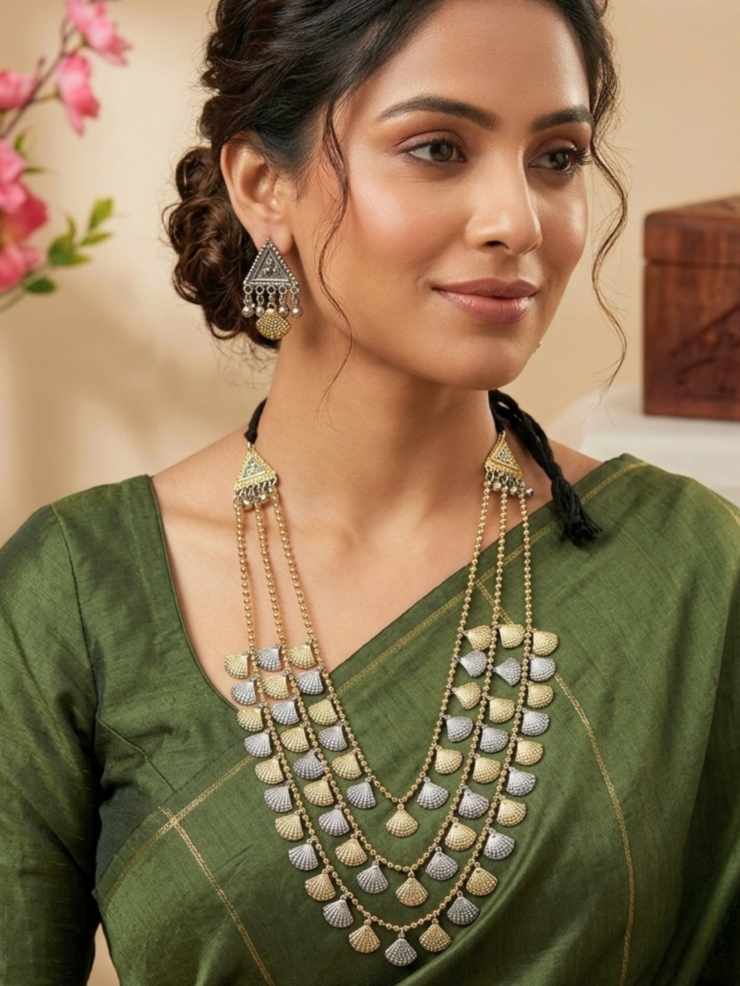 Oxidised Silver Plated Dual-Toned Antique Layered Shell Charm Long Necklace Jewellery Set